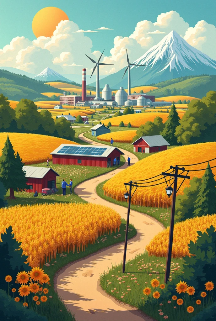 "Create a vibrant, detailed illustration showcasing the key industries of Stavropol Krai, Russia. The scene should include:

Agriculture – Fields of wheat, sunflowers, and vineyards with farmers working.

Energy Sector – Solar panels, wind turbines, and oil/gas extraction equipment.

Food Processing – Factories producing dairy, meat, and canned goods.

Tourism & Resorts – Famous landmarks like Mount Elbrus in the distance, sanatoriums, and people hiking.

Manufacturing – Machinery, chemical plants, and textile production.

Style: Semi-realistic or digital painting with warm, natural colors. The composition should be balanced, with a rural landscape transitioning into industrial zones. Include symbolic elements like a rising sun (progress) and the Caucasian Mountains in the background. The mood should be optimistic and prosperous."*