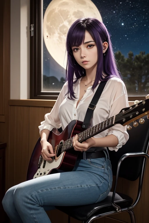 Draw anime-style . A beautiful skinny girl with small breasts proportional to her body. She is beautiful and perfect with a very sexy body with a thin waist and perfect big ass. She is dressed in a loose white blouse and she is wearing jeans with a thin black belt. Sitting on the chair playing the guitar. serious facial expression. Beautiful dark purple straight hair. Deformed Ears roxo escuro. Olhos roxos. She's on the table next to the window. Night sky with full moon outside. Playing and looking at the guitar. purple hair. Olhos roxos. Focused on the guitar. Focus on the hands playing the guitar. Deformed Ears. Olhos roxos.