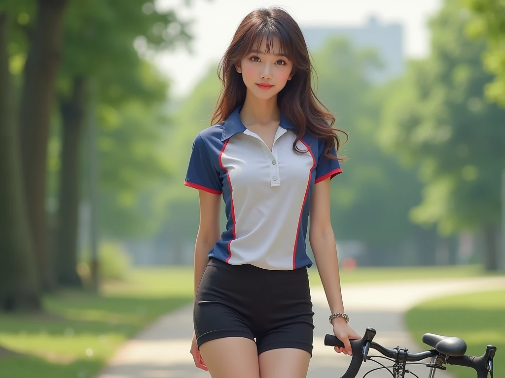 8k、highest quality、Very detailed、High resolution、8k、cute japanese college student、21 years old、非常にDetailed face、Attention to detail、double eyelid、Beautiful thin nose、Sharp focus:1.2、Beautiful woman:1.4、(Chestnut Hair,short hair, ),(Detailed faceの特徴)、Brunette's eyes、Natural Bangs、White skin、 C cup breasts、highest quality、masterpiece、(Realistic photos:1.4)、Very detailedに、Professionally lit smile、(Looking at the camera with a cute expression)、Fair skin、Beautiful Skin、Detailed face、Natural Bangs、Arched eyebrows、Groomed eyebrows、Cute Smile、Cute Japanese Woman、Cute 24 year old beauty、Beautiful and elegant face、Cute face、Natural Bangs、Arched eyebrows、Groomed eyebrows、Beautiful thin nose、Beautiful Skin、Medium Bob Hair、Natural Bangs、Slim face、Slender figure、Beautiful clavicle、belly button、美しいbelly button、Beautiful waistline、Beautiful curves、Bright lighting、Professional Lighting、Smooth lighting、One person is standing、((Sports uniforms)), ((Sportswear))、Cycling Jersey, タイトなSportswear、(bicycle)、Lighting from the front、Lighting the face、A kind smile、Cute pose、