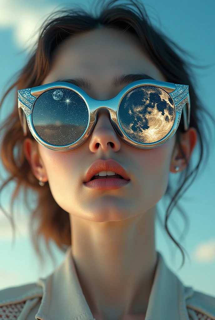 The model is wearing glass sunglasses with stars and the moon on the glass