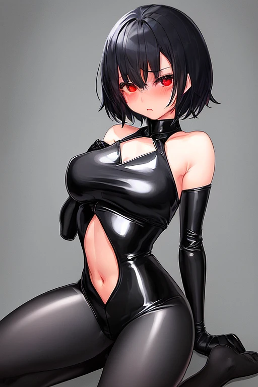 1 girl,upper body,black hair,stand,straight-on,red and blackeyes,masterpiece, best quality, very aesthetic, absurdres,nippleless,breast out, Covered nipples,clothes, nippleless_clothes,tight,clothes,Transparent,dark
