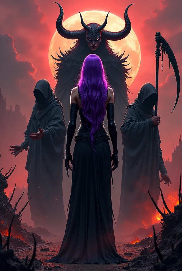 Woman with purple hair with the devil incarnate followed by the grim reaper in the background Welcome to hell 