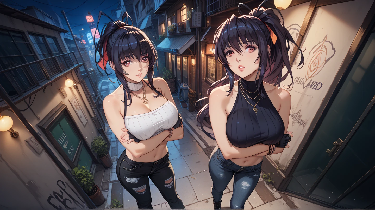 Masterpiece, huge tits, perfect body, perfect tits, perfect face, perfect fingers, gorgeous face, slutty, tight black skirt, tight stockings, short skirt, bare midriff, dat ass, from behind, looking back at viewer, erect nipples, white tank top, wet skin, outside, nighttime, black hair, bare midriff, tifa lockhart, sexy, red eyes