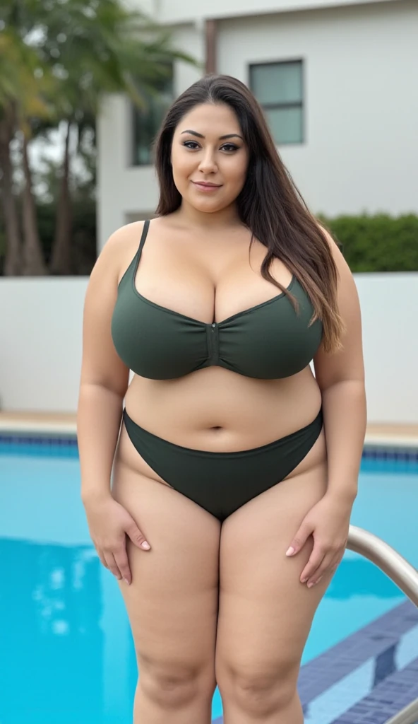 26 years old women Russian mature cute beautiful perfect face smiling wearing a belly golden piercing big huge bell shape thick thighs wearing spring green colour bikini standing on children park play basketbal