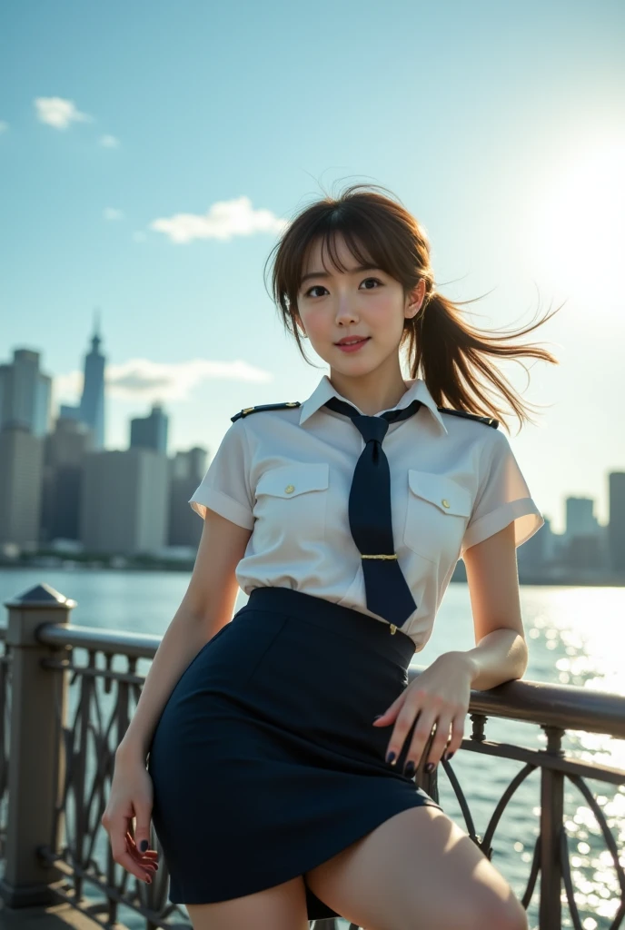 Sexy beautiful Japanese woman, brown hair, bangs, (((low ponytail))), floating hair, a self defense officer uniform, wearing a white short-sleeved shirts, navy blue tie, navy blue pencil skirt, Black patent high heels, beautiful hip-line, Beautiful thighs, perfect beauty, perfect legs, high heels, pose, a Woman leaning back against railing, wind-tousled hair, flawless legs and stiletto heels, gazing directly at the viewer,  The sun is shining, blue sky, New York City by the river, cinematic lighting, Viewpoint looking up from the feet, low angle, (Perspective looking up from the floor:2.0), (low angle shot:2.0), The point of view is from below, (looking up at a woman from a low angle shot:2.0), worm's-eye view, dynamic composition, dynamic perspective, Surrealism, High quality, UHD, retina, masterpiece, accurate, anatomically correct, textured skin, super detail, high details, high quality, best quality, highres, 1080P, HD, 4K, 8k, 16k