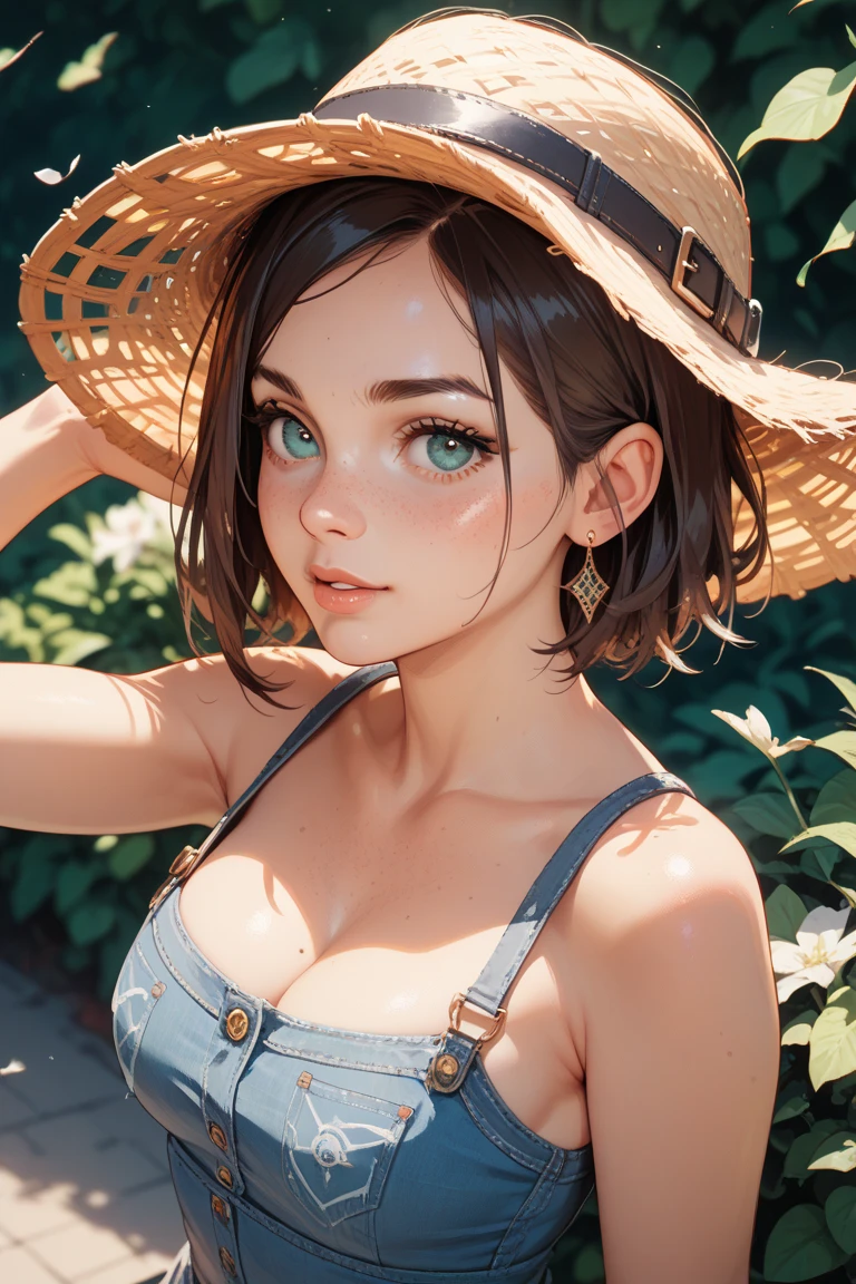 Under the blazing sun、Hot midsummer day。girl sweating。Wipe the sweat from one's forehead with one's hand。smile。