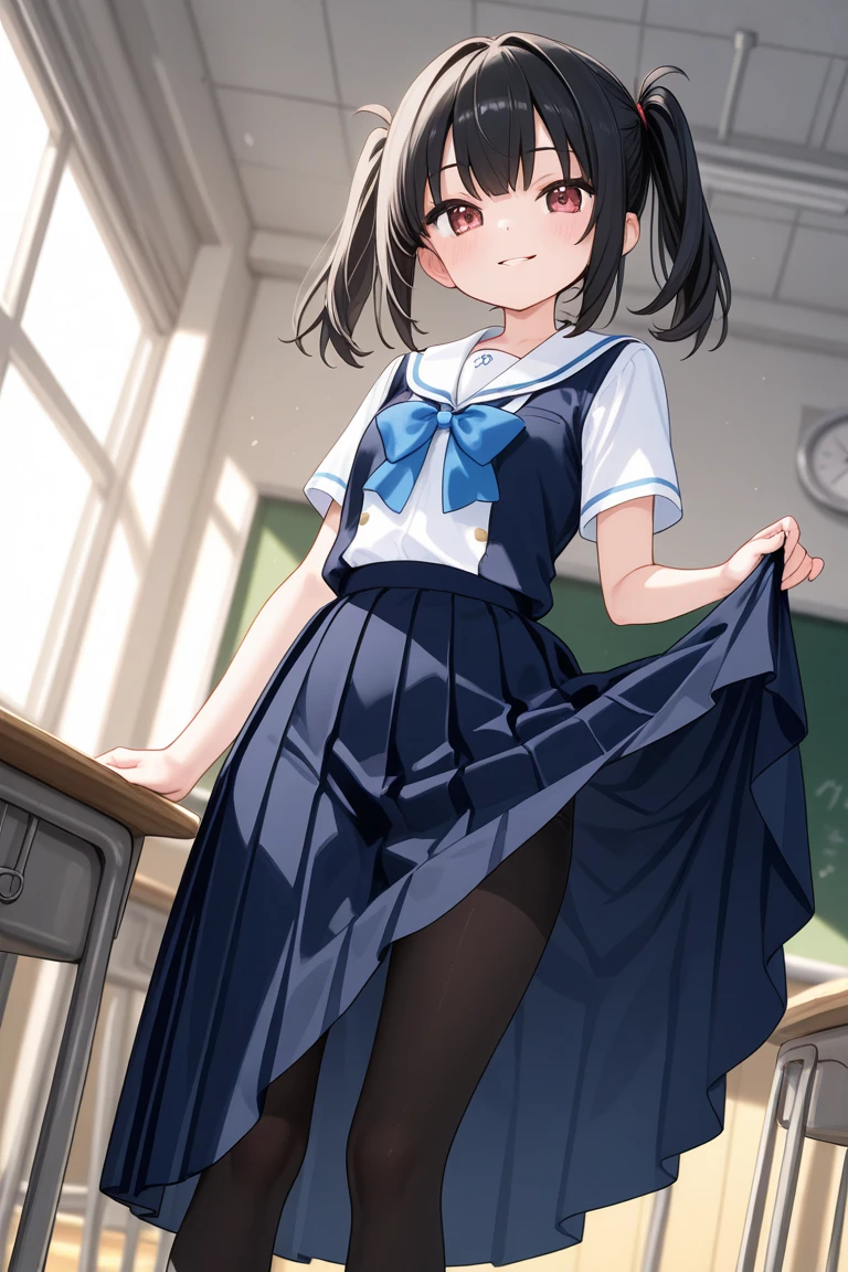 nsfw,alone, (One girl), Elementary school girl,single,  , ((White panties)), (wearing only the top half of sailor school uniform), Sailor with un-folded hems,  sexy, (Cowboy Shot),  ((Put your arms behind your head)), classroom, With a girl：Her hair is long and black, Her face is round and cute, Black Hair, Low twin tails, (Are standing),(Shy, Embarrassing),（(pussy juice)）、I&#39;m not wearing a skirt,Wet crotch、Wet,