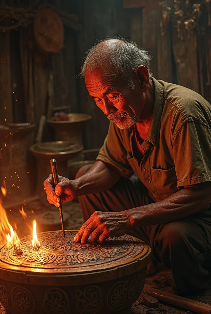 Inside a traditional hut barking the old Vietnamese, The red flame exasperation illuminates both spaces filled with smoke and heat. The old Vietnamese farmer, tanned face, skinny, clothes, is crouching meticulously carving each exquisite pattern on a large Dongshan copper drum. Sweat dripping from his forehead, permeates the silver-brown cloth shirt. Rough hands but skillfully grasping the chisel, each engraving contains the heart and tradition of a millennial people. Surrounded by antique handicrafts, sneezing streaks of light accentuate the solemn and lively look of the moment etching this