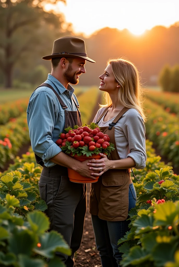 a happy male gardener in a trapper hat hold large quantity of strawberries and sorrel in his hands, next to him a female office siren hugs his hand and looks at him with love, they stand on the lights of the Polish flag