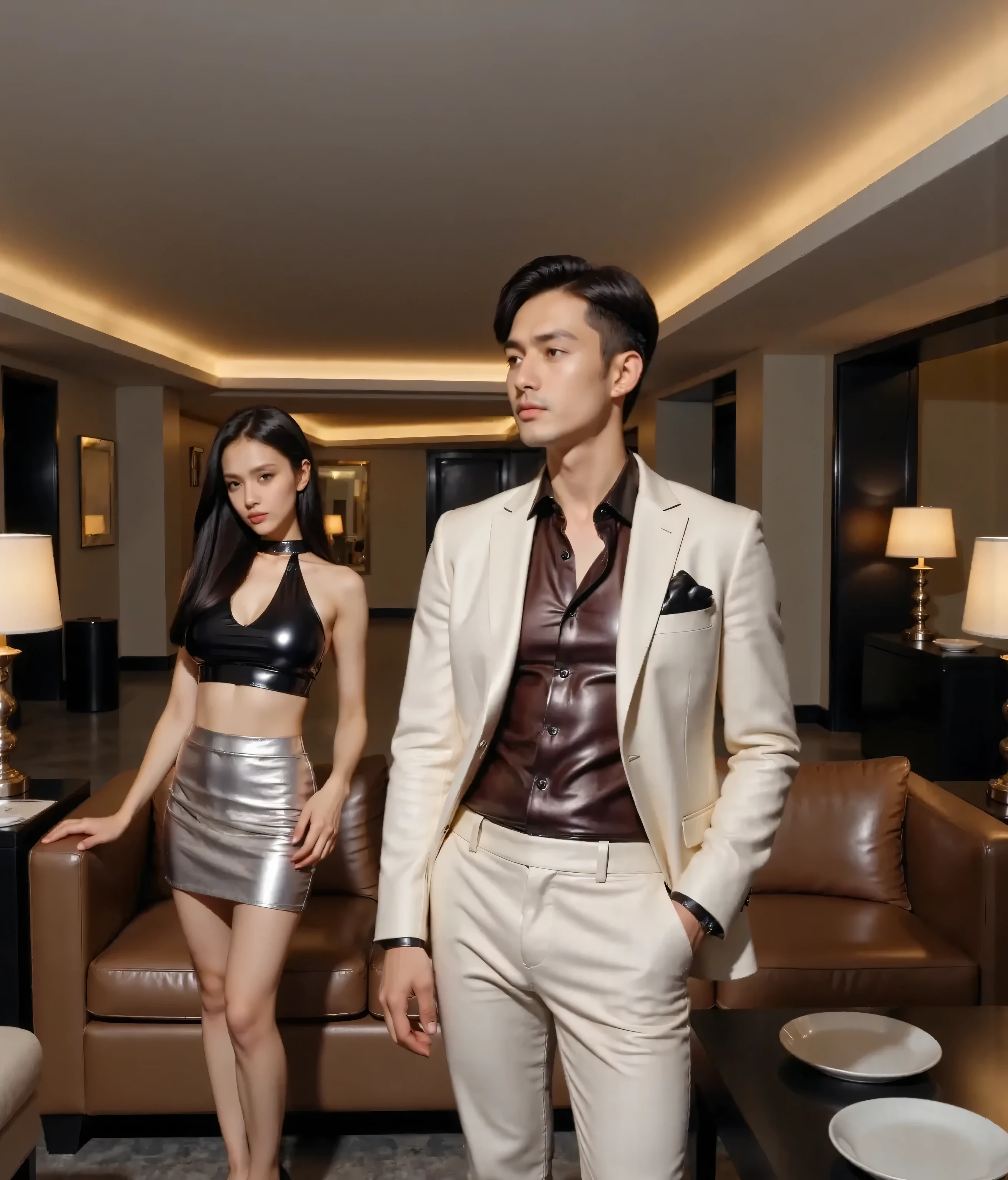 A light brown man and a sexy woman in modern fashion clothes are posing for a photo, Like an idol, indoors，Embrace