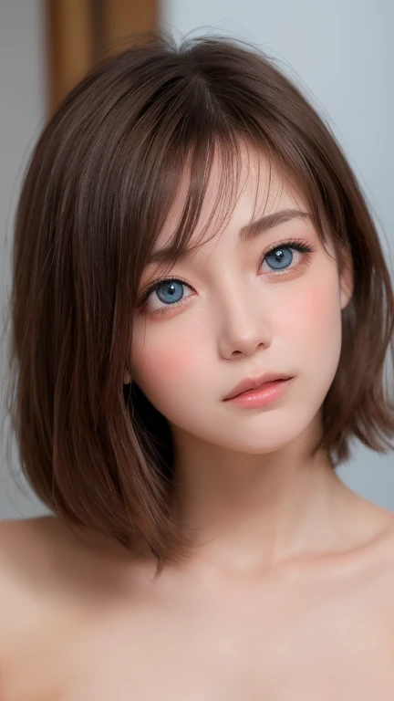 Arafad image of a woman with short brown hair and blue eyes, Kawaii realistic portrait, photorealistic anime girl rendering, color photograph portrait 4k, photorealistic beautiful face, Stunning anime face portrait, Soft portrait shot 8 K, realistic beautiful big eyes, realistic portrait photo, Japan facial features, detailed portrait of an anime girl, short brown hair and large eyes