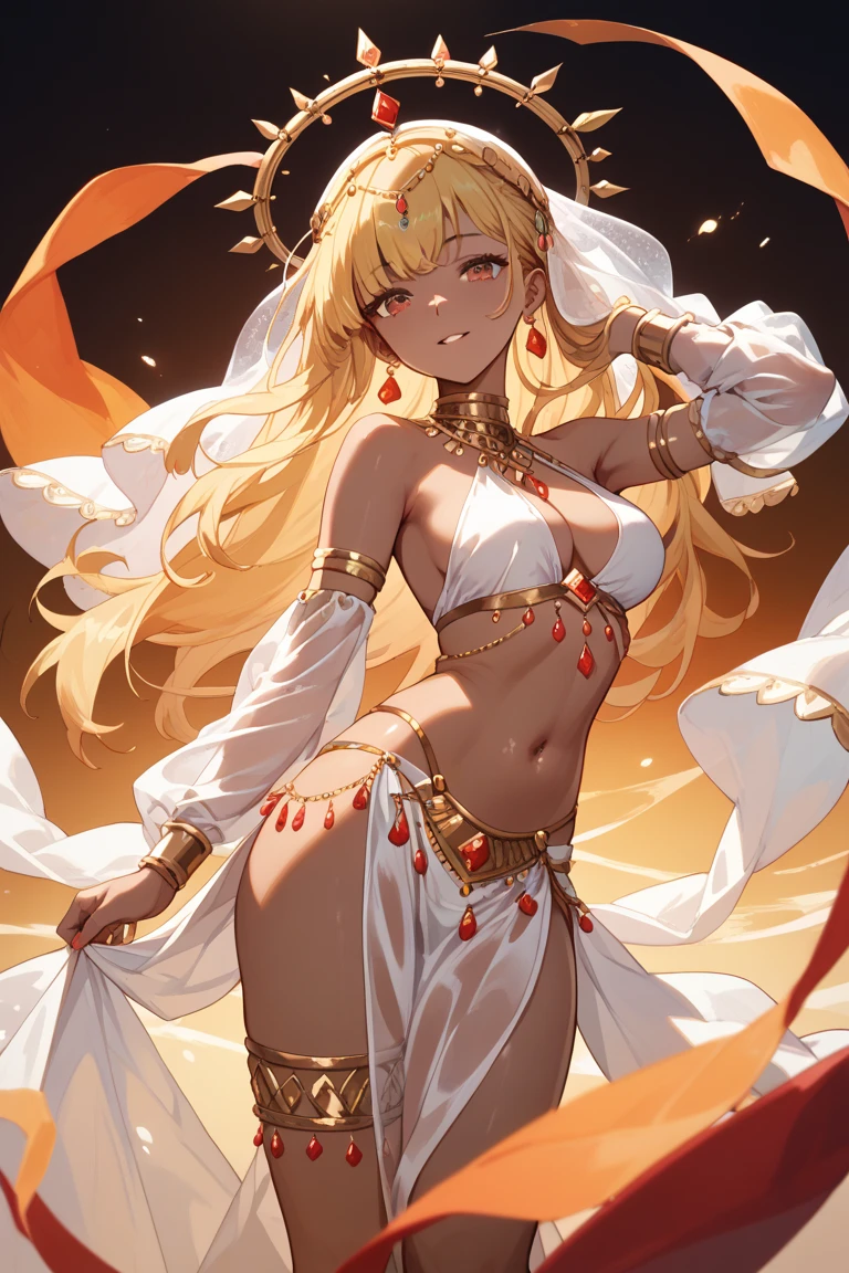 girl、wheat-colored skin、dark skin、odd eye、Right eye red、Left eye green、long hair、gray hair、evening、red dancer costume、red earrings、whole body、Thin fabric、belly button、gold bangles、gold anklet、thighs、shoulder、Red Turban、The background is grassland、look up here、Lipstick is light pink、open your mouth a little、Embarrassed expression、No cloth on the abdomen、