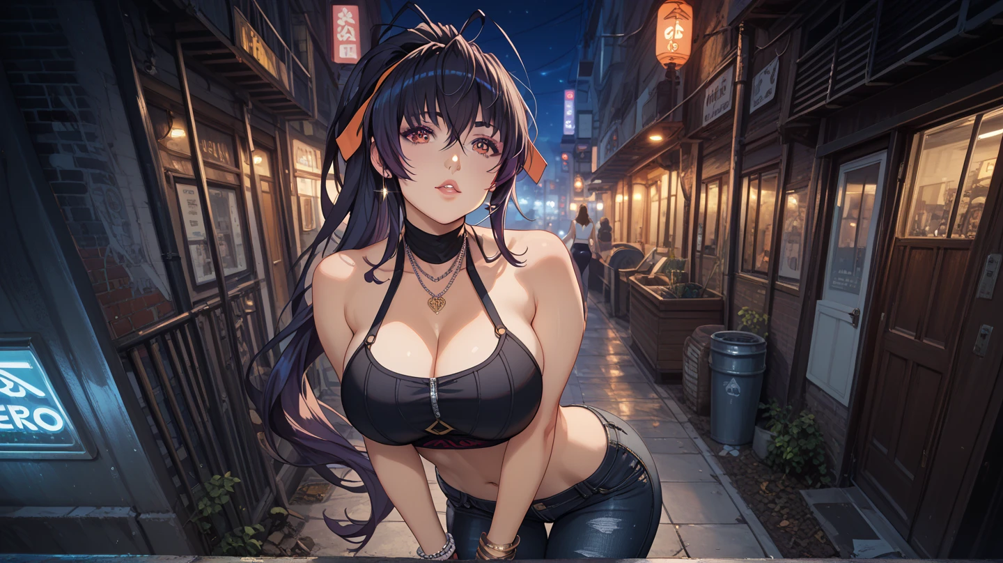 (Masterpiece), High Quality, 1girl, Anime Style, Cute Anime Girl, City Night Retrowave Scene, Student, Scantily Clad Girl, Exhibitionist, Vibrant Palette, Neon Lights, Arcade, A Girl in a City, Anime Characters, Japanese School Girl, Voluptuous, Sexy, Beautiful, Generous Curves, From the Waist Up, Varied Scenery, Vending Machine, Ramen Restaurant, Multiple Camera Angles, Leaning Against the Wall, Cell Phone Hovering Over Mouth, Backpack Slung Over Shoulder, Short Hair with Heavy Bangs, Dramatic Makeup, Closed