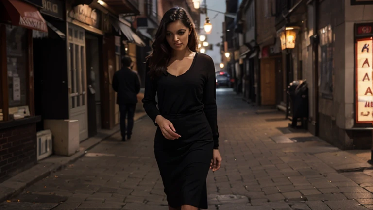 "(((obra maestra)), la mejor calidad, sensual vestido victoriano, happy and elegant Lauren Jauregui strolling through a city at night neon lighting, plano amplio, bridge of Paris Italy , luz dorada, sombras suaves."
