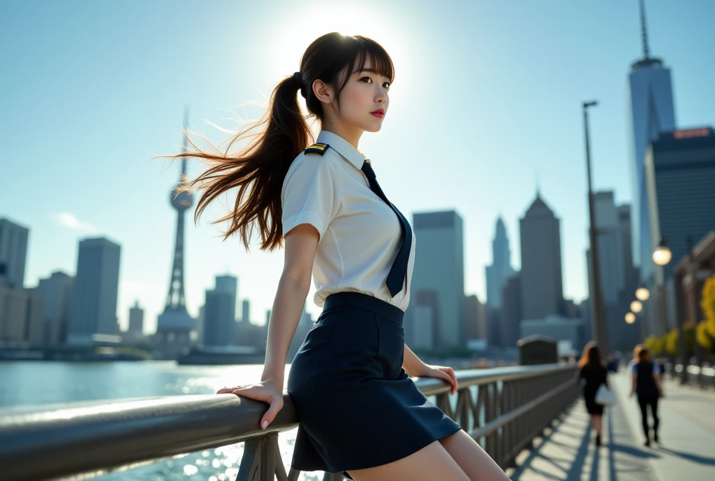 Sexy beautiful Japanese woman, brown hair, bangs, (((low ponytail))), floating hair, a self defense officer uniform, wearing a white short-sleeved shirts, navy blue tie, navy blue pencil skirt, Black patent high heels, beautiful hip-line, Beautiful thighs, perfect beauty, perfect legs, high heels, pose, a Woman leaning back against railing, wind-tousled hair, flawless legs and stiletto heels, gazing directly at the viewer,  The sun is shining, blue sky, New York City by the river, cinematic lighting, Viewpoint looking up from the feet, low angle, (Perspective looking up from the floor:2.0), (low angle shot:2.0), The point of view is from below, (looking up at a woman from a low angle shot:2.0), worm's-eye view, dynamic composition, dynamic perspective, Surrealism, High quality, UHD, retina, masterpiece, accurate, anatomically correct, textured skin, super detail, high details, high quality, best quality, highres, 1080P, HD, 4K, 8k, 16k