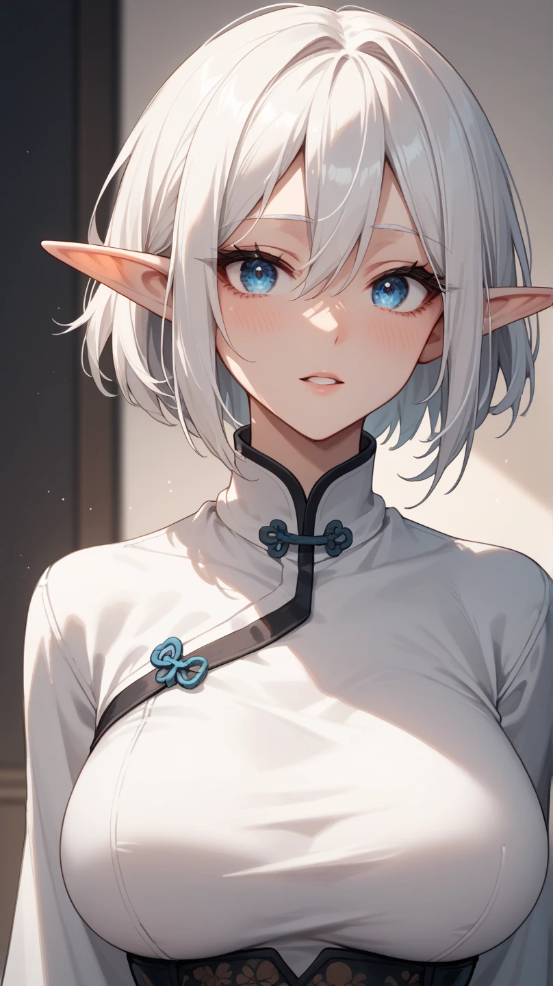 body view, (portrait from the waist up),(Elf girl),((two colored hair, short white hair with black hair streak)),(((light shine red eyes))),( 16 years old),portrait Pose,Best Quality,masutepiece,8K, Top image quality, RAW photography, 超A high resolution, Shot for one person only, model shoot, round chest, Beautiful Eyes of Details, Beautiful eyelashes、Very slim physique, with blush cheeks, smilling with Open mouth, (happy Expression), (casual black top)