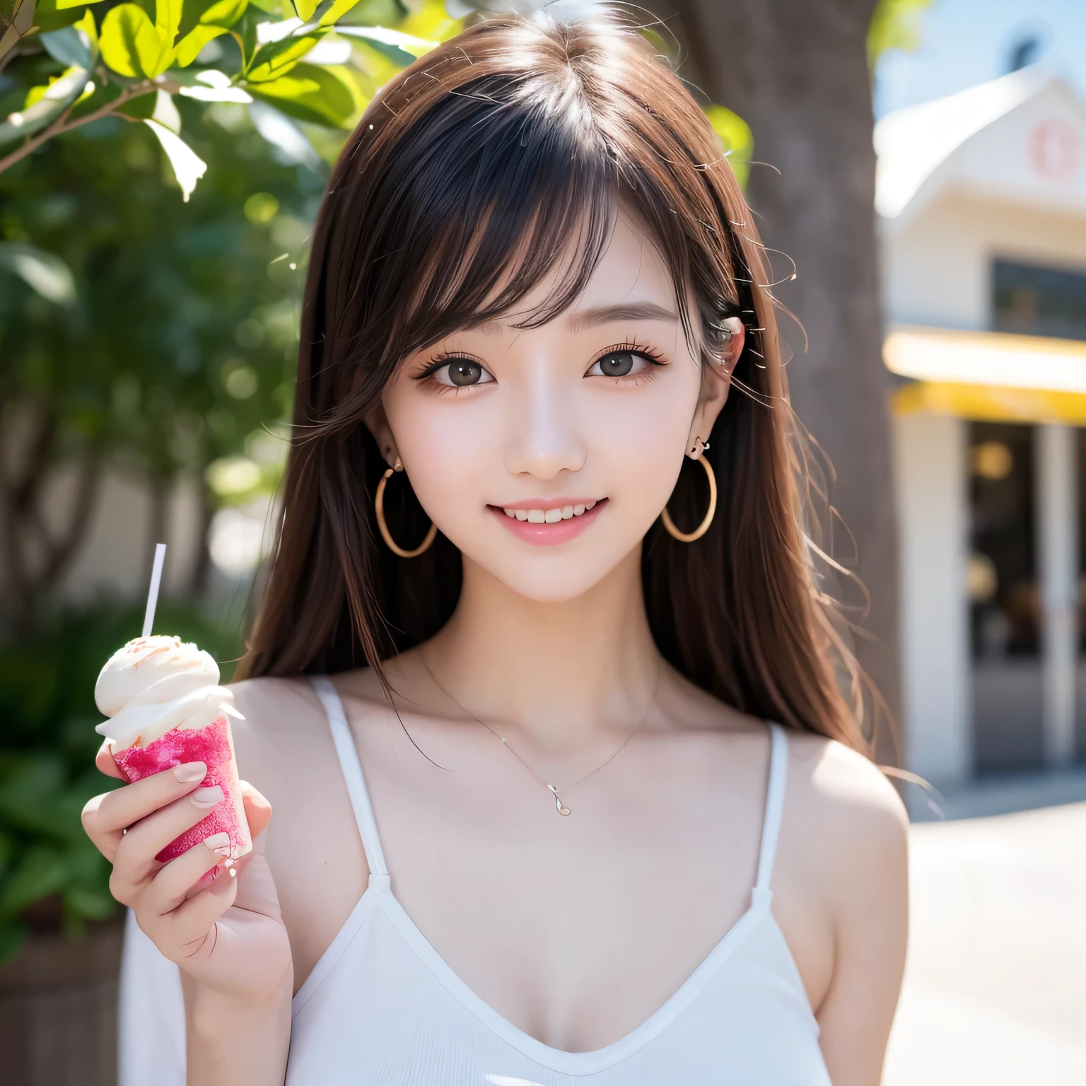 Solo Detailed and realistic portrait of a beautiful young Asian woman. She has long light brown hair and big light brown eyes. ((Medium chest, Tomboyish, Small head)), Sunlight, Sunshine, (Chief Abs: 1.1), (Perfect Body: 1.1), Auburn Hair, Necklace, Full Body Shot, Best Quality, One beautiful woman, Long hair, Brown hair, Eating pink shaved ice at beach shack. Cold and delicious face, Big smile, Sitting
