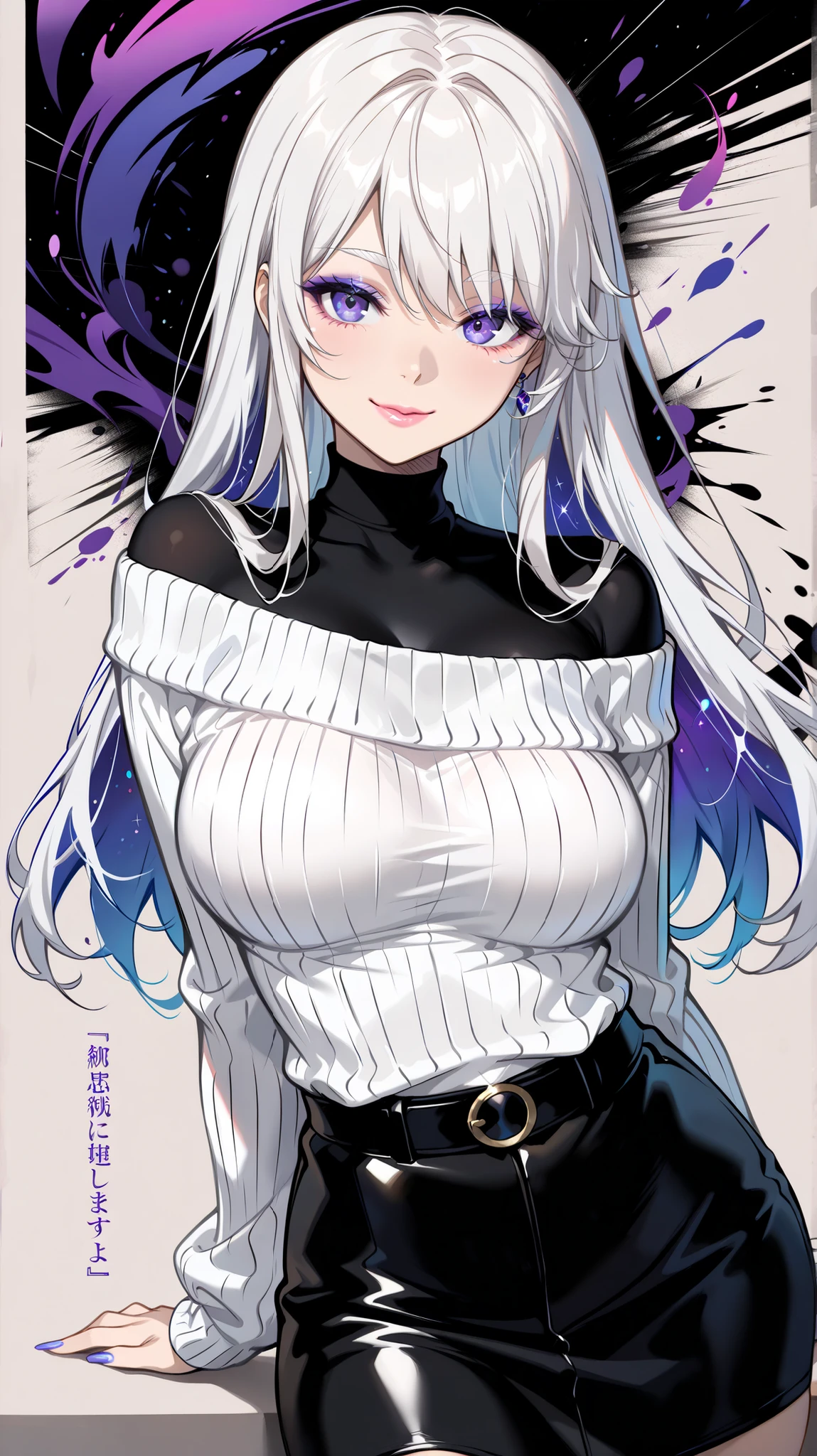 masterpiece, best quality, amazing quality, newest, very aesthetic, 1girl,bright white hair,long shiny stright hair,violet eyes,violet eyeshadow,soft pink lips,white eyebrows,thick white eyelashes,violet nails,purpule off-shoulder-sweater with long sleeves,black short skirt,smile,thick tighs,arms behinde the back, The background is a dynamic mix of dark colors with abstract shapes and splatters , enhancing the edgy aesthetic . The image includes a signature in the bottom right corner , featuring stylized text in white