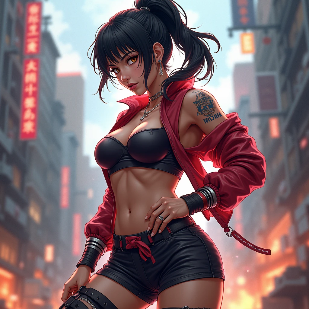 beautiful woman , fighting character design with hiphop influence , anime illustration , photorealistic , fantasy , comic , manga , perfect body proportions with generous curves