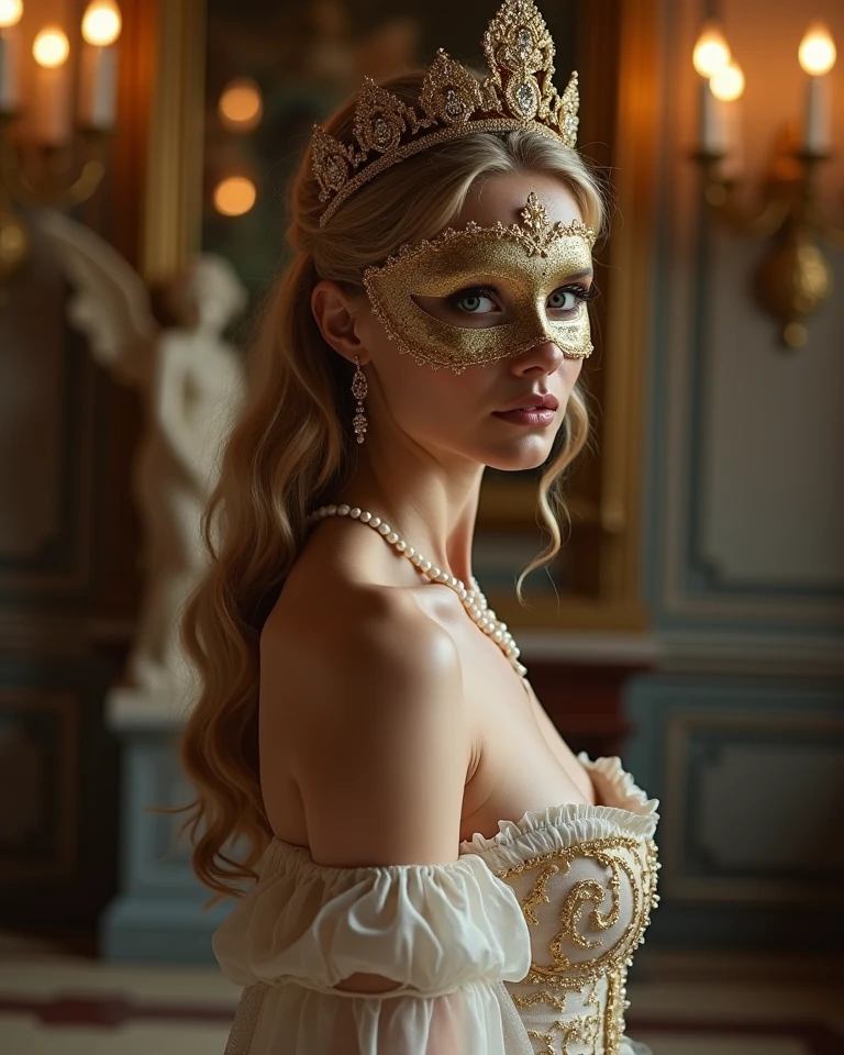 Highly realistic photograph. Shot from the knees to the head. The model is a woman with harmonious and refined features, with a sculpted and symmetrical facial structure.Shot from behind, the model has her butt naked.His face is like Bo Derek at 25.Her face is elongated, with prominent and well-defined cheekbones.The model is wearing a luxurious Venetian mask of an aristocratic woman. She has a straight and proportionate nose, delicate lips, and a serene and elegant expression. 19 years old. very cute face. She poses a little in profile and her back can be seen a little. Very slim model with feminine curves. Nordic beauty .Her light blue eyes convey a captivating and sophisticated gaze. Her well-defined eyebrows have a soft curve that complements her expression. Her long, golden-blonde hair has a silky texture and a natural shine that enhances her classic and glamorous appearance.Her physique is slender, with a streamlined silhouette and impeccable posture that accentuates her distinguished bearing. The garment reaches the waist and the rest of the body has beautiful thong-type panties and elegant and refined stockings.She wears a sheer silk fabric decorated with embroidery and gold details. Her neckline is wide, revealing her beautiful and voluminous chest. She wears several pearl necklaces and a gold brooch, reinforcing her noble status. Hair with gold ornaments and a queen's crown, typical of Queen Elizabeth I.Maquillaje pálido: Característico de la realeza renacentista, con cejas muy finas y labios discretos. She is surrounded by Byzantine furniture in a room of a beautiful royal palace. There is a beautiful marble sculpture in the background depicting a winged angel. Professional lighting creates a beautiful play of light and shadow.There are beautiful chandeliers on the back wall with warm lights. 

