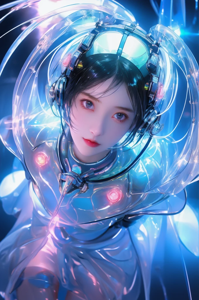 Mechanical Girl，full body shot，In the water, Wonderful colors, close up, Light refracts into water ,  reflective transparent iridescent color,Soft Lighting/ Soft Light,  high detail, ultra-high definition