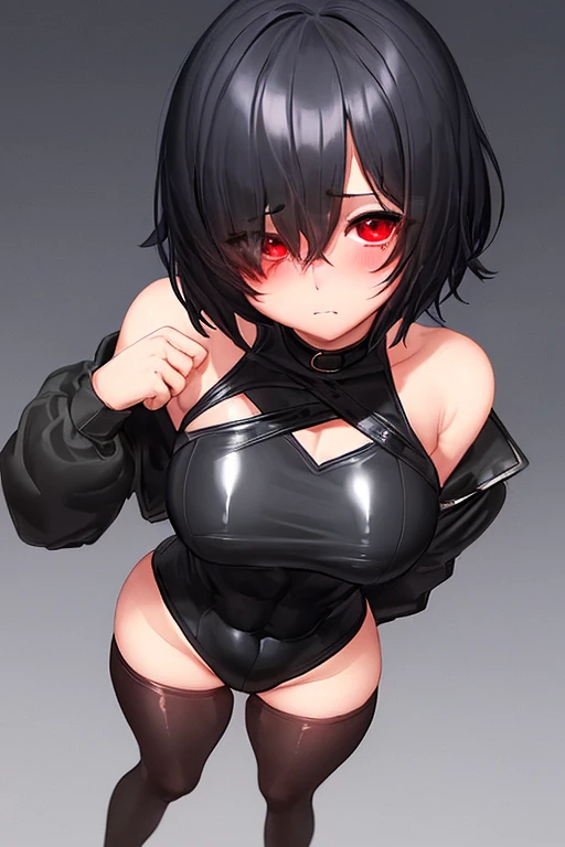 1girl, spiked hair, very short hair, yellow eyes, tan, tan skin, tan-skinned female, black hair, pixie cut, large breasts, hourglass figure, thick thighs, smile, smirk, smug, toned, white shirt, jacket, sneakers, black jacket, shirt, short pants, shorts, standing, full body, thighhighs, black thighhighs, fingerless gloves