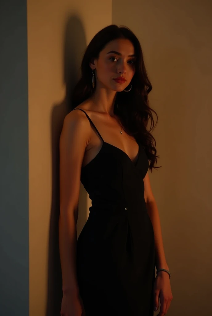 Portrait of ung 20yo woman, black hair, wearing sleeveless dress, perfect eyebrow, perfect lips, perfect nose, professional color graded, wonderful woman, dark background, cute russian woman, (rim lighting,:1.4) two tone lighting, sharp focus, unreal, dimly lit, low key
