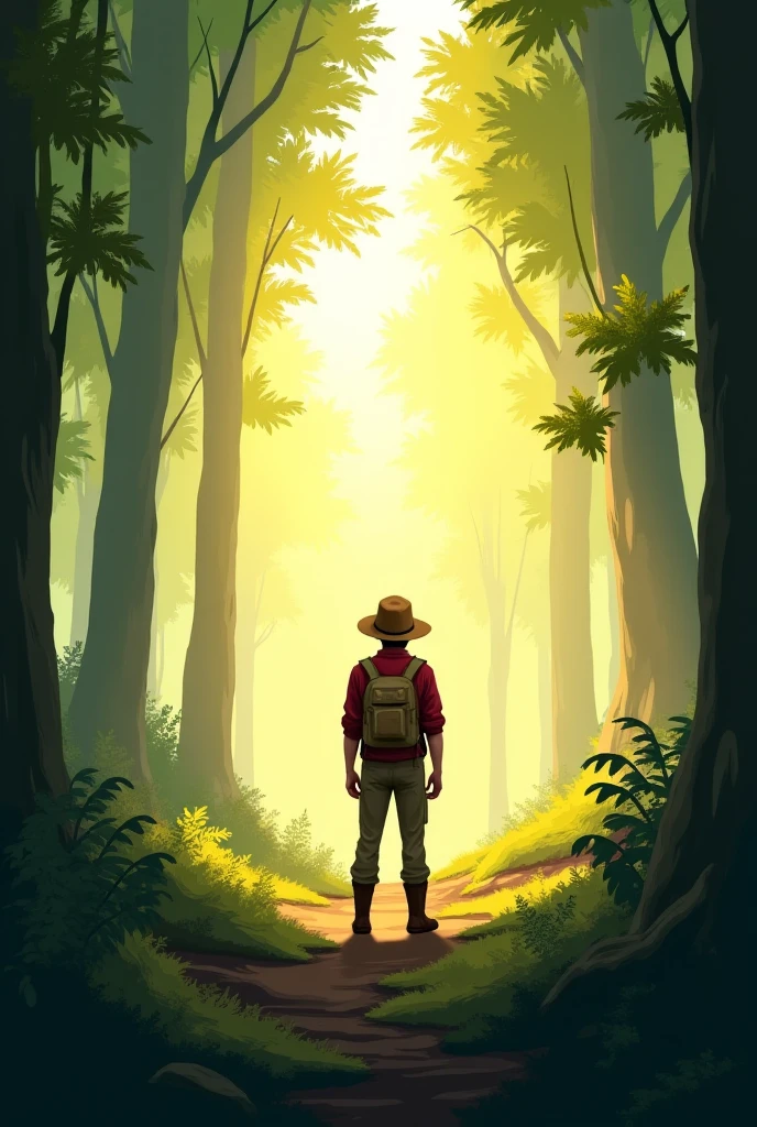 A digital illustration in a dreamy, soft-textured storybook style. Just a hunter came. Normal hunter look,with backpack,Brown hat. Warm sunlight filters through the trees, and the mood is calm