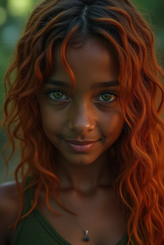 cute young african girl, wet, orange wavy hair, green eyes, cleavage, realistic portrait, intricate facial details, delicate skin texture, serene expression, 8K, ultra-detailed, photorealistic, HDR, physically-based rendering, professional, vivid colors, warm color palette, natural lighting, detailed background, lush tropical setting, fantasy, digital painting