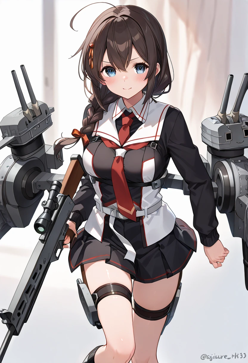 highest quality, masterpiece, High resolution, 1 girl, White Dew (Kantai Collection)(White Dew改二 艦隊これくしょん:1.15), Brown Hair, Red eyes,  smile, Slender body, Full body portrait,Red headband, black(Sailor suit), Pleated skirt, Classroom Background, Slender body, Full body portrait, Skirt flip, (panties), (good), Squat, (panties), (bra), (In underwear), (Flashy underwear), (lingerie), 