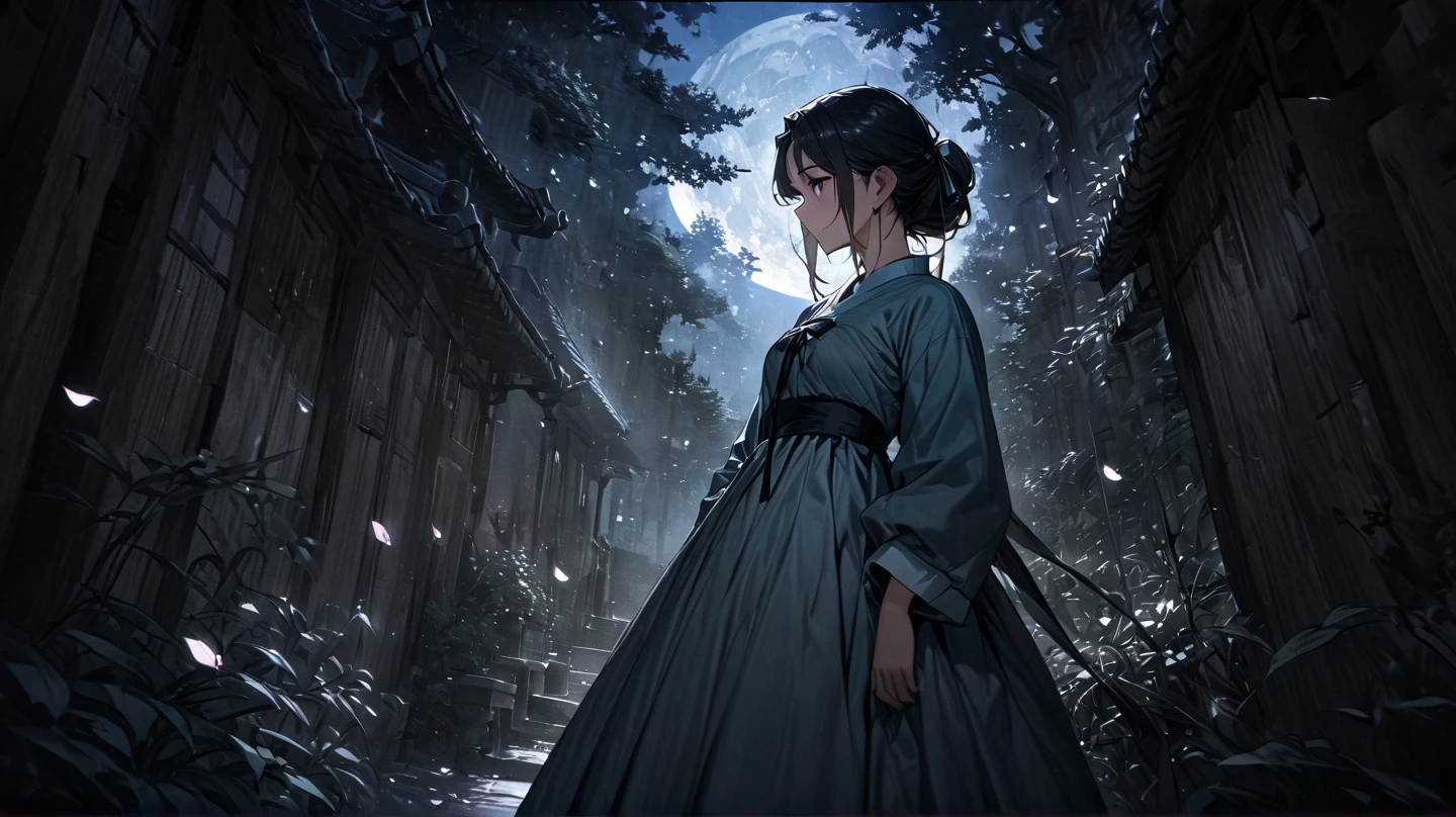 (Best quality,A high resolution,Clear image:1.2),Ultra-detailed background,Beautiful woman,Korean traditional hanbok,Delicate petals,Garden scene,Under the moonlight,Romantic atmosphere,Dutch Angle Shot,Soft lighting,shelmet