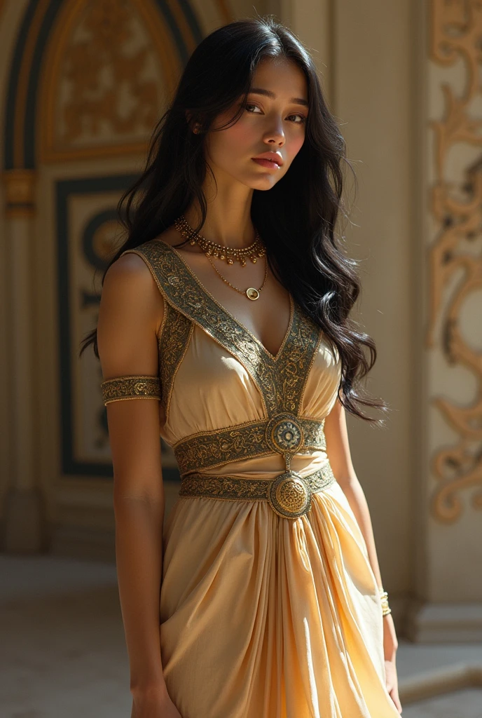 Masterpiece, Imagine a Roman wedding in Ancient Rome, 83 BC, where the strikingly beautiful and noble Cornelia, a 14 years old roman noble girl, (slim body, light brown hair, hazel eyes, ultra detailed noble yet seductive face), is united in mariage to he young and ambitious Julius Caesar, aged 17. Cornelia, a 14 years old roman noble girl is radiant in her elegance and embodies the ideal of Roman femininity, her youthful beauty enhanced by the luxurious fabrics and sophisticated ancient roman style wedding garments, (roman clothings from the 1st century BC:1.2), 16K, ultra high res.photorealistic, UHD, RAW