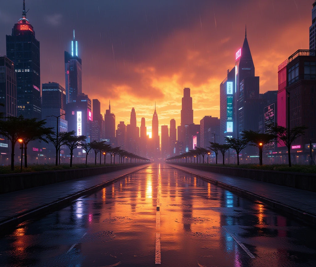 keep orginal, masterpiece, best quality, city, raining, sunset, high chroma, dark gradation background, neone hia photor