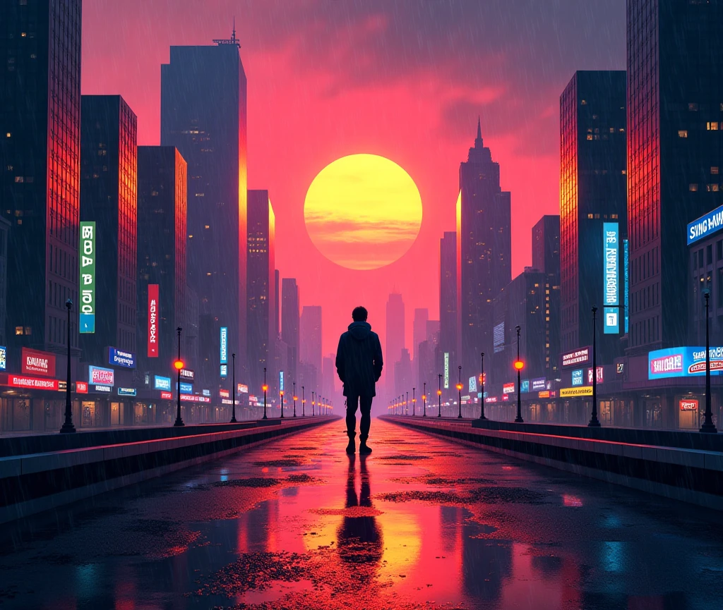 keep orginal, masterpiece, best quality, city, raining, sunset, high chroma, dark gradation background, neone hia photor hi