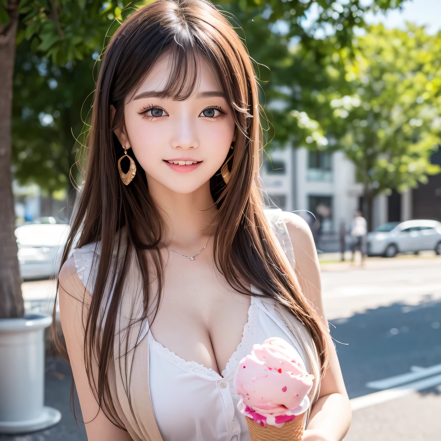 ソフトクリームを🍦舐めている Too sexy Chinese dress, Highest quality, shape, Very detailed, In detail, High resolution, 8k wallpaper, Perfect dynamic composition, Beautiful details, Natural Lip, Too sexy Chinese dress, Big Breasts,Cleavage,, She is licking the soft serve ice cream stick with her tongue out, making a naughty face...., A masterpiece of the whole body, Side Shot