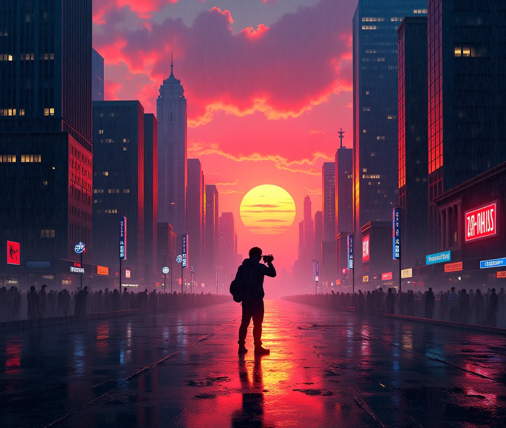 keep orginal, masterpiece, best quality, city, raining, sunset, high chroma, dark gradation background, neone hia photor hi