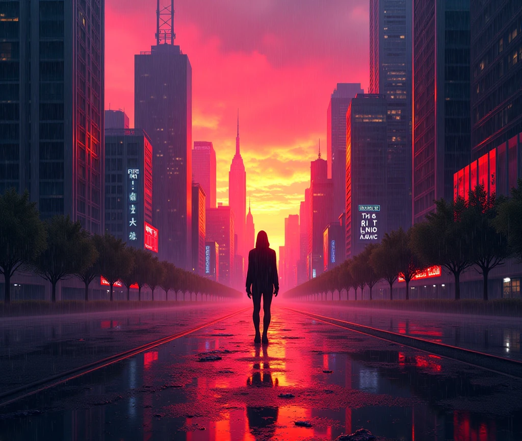 keep orginal, masterpiece, best quality, city, raining, sunset, high chroma, dark gradation background, neone hia photor hi
