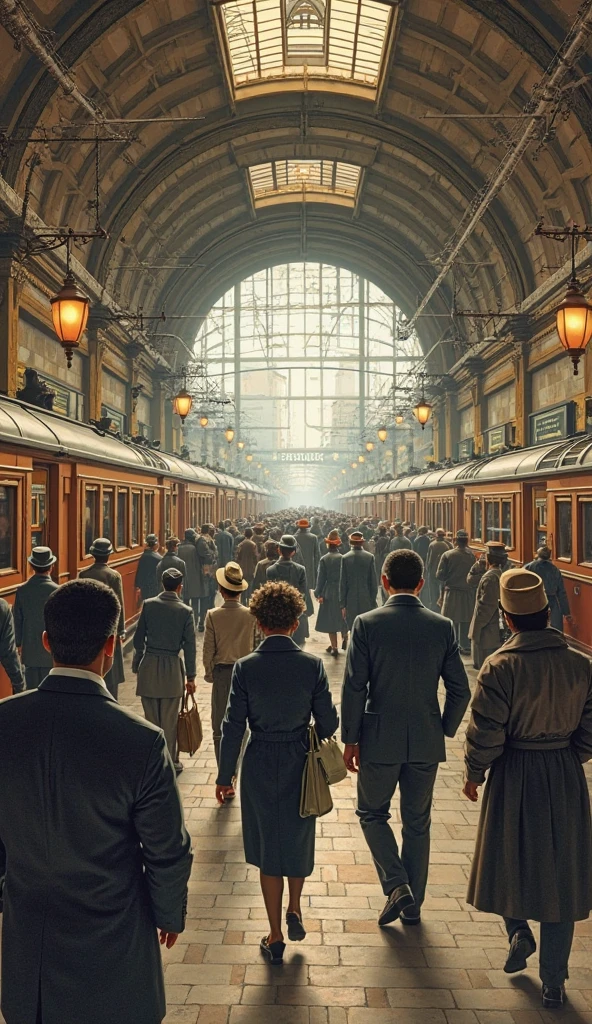 Illustration of the first subway station in Buenos Aires, with old wooden trains, lots of people waiting on platforms, period environment, realistic vintage style
