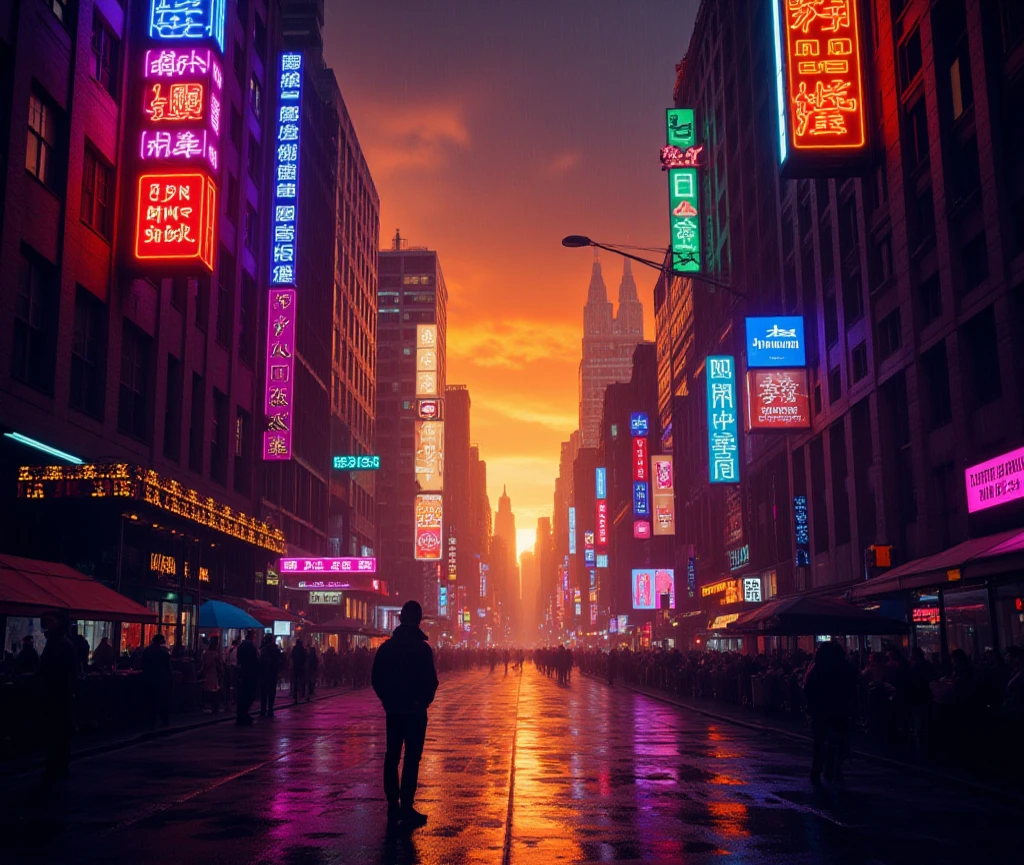 keep orginal, masterpiece, best quality, city, raining, sunset, high chroma, dark gradation background, neone hia photor hi
Hi