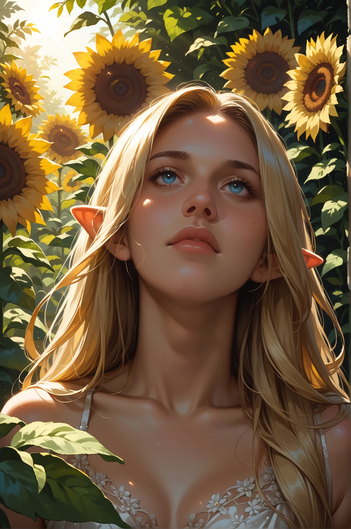 score_9, score_8_up, score_7_up, 1girl, elf, blue eyes, blonde hair, long hair swept to one side, medium ??????, elegant, looking up in sun, enjoying sunlight, sunlight, shadow, sunflower, nature, volumetric lighting, dynamic pose 