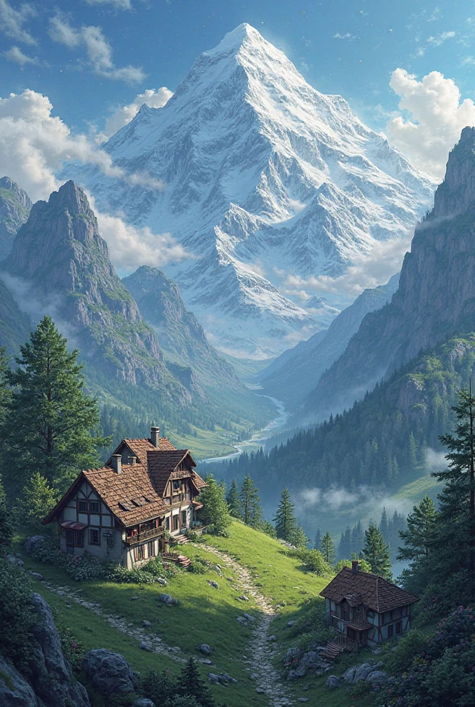 A beautiful landscape with houses ,mountains and a mystical sky