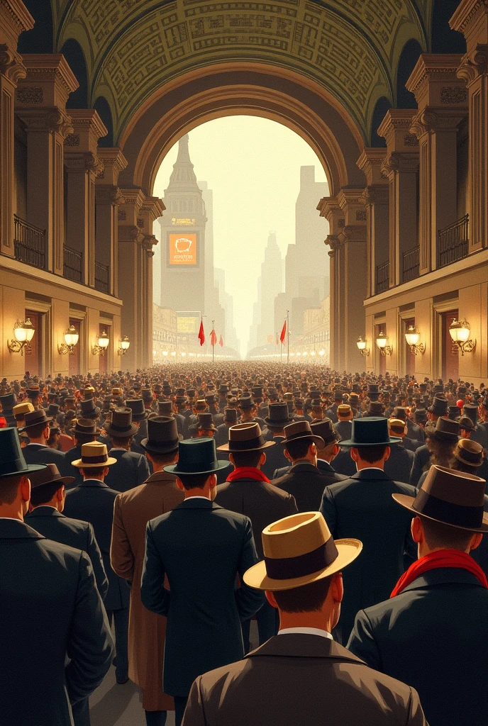 Excited people entering the subway for the first time in 1913, some with hats and costumes, full station, festive and chaotic atmosphere, colorful illustration style