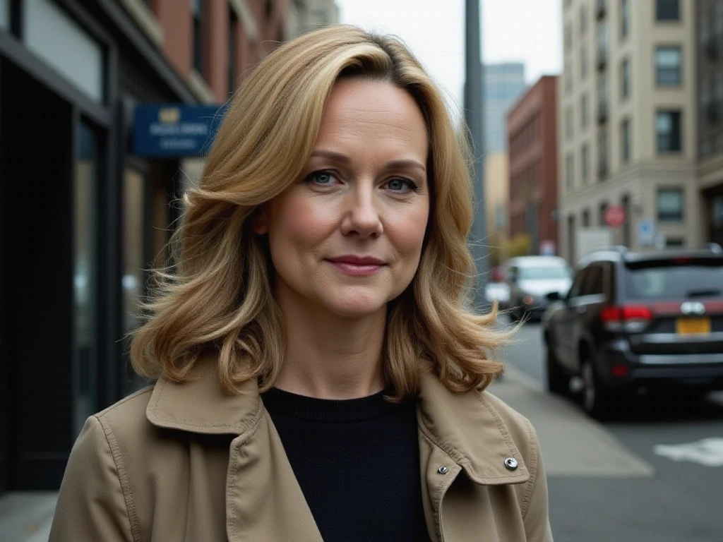 Older beautiful woman, Laura Linney, epic, Large bust, wearing streetwear, street photography, candid