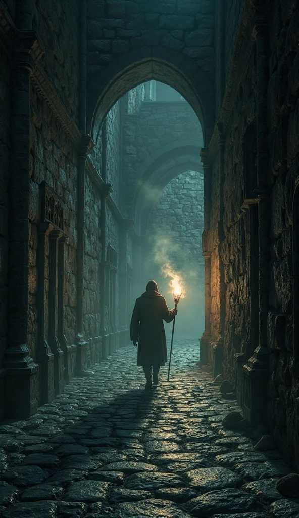 A person walking slowly through a dark castle hallway with a torch. Shadows on the walls hint at hidden rooms or secrets.

