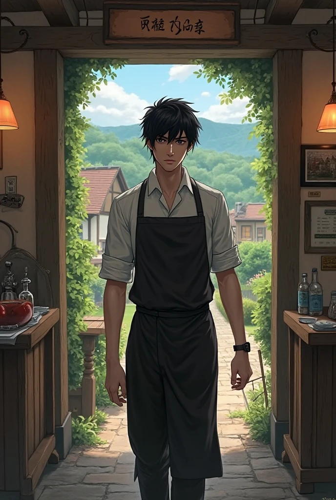 young man black hair emo side bangs working at inn