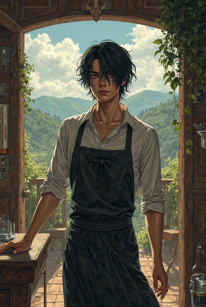 young man black hair emo side bangs working at inn
