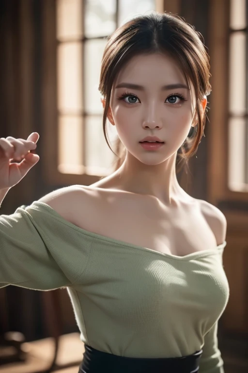 8K, of the highest quality, masutepiece:1.2), (Realistic, Photorealsitic:1.37), of the highest quality, masutepiece, Beautiful young woman, Pensive expression, Gentle eyes, Apron naked、Lovers、Hair tied back, Messy mood, Cinematic background,  Light skin tone
