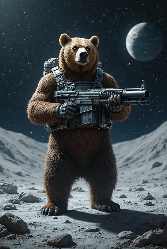 A powerful and fierce-looking bear standing on the surface of the Moon, holding a large machine gun. The bear is upright on two legs, wearing a futuristic space vest or armor, looking like a space warrior. Behind it is the dark sky of outer space filled with stars, and the Earth is visible in the background. The Moon's surface is rocky and grey, with strong shadows. The scene is dramatic, sci-fi themed, with a cinematic and epic atmosphere. The art style is highly detailed, digital painting or 3D concept art.