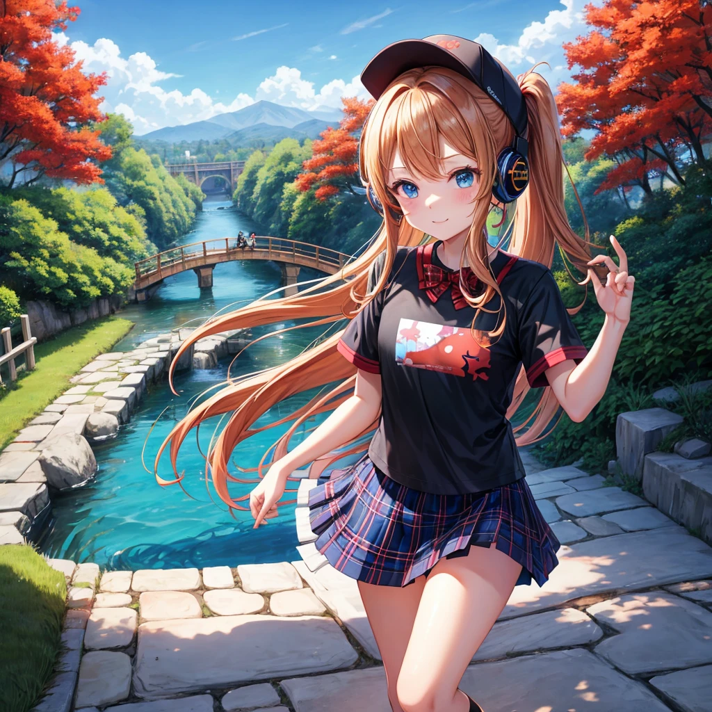  reddish blonde 、cabello blue、blue eye attack、ponytail、a very pretty girl、Alone 、anime、 plaid  、black、 t-shirt、forest、walking、Wearing a plaid baseball cap、Tilt your face 、Puente de Troncos、Making the ribbon、 Sunset Sky 、using headphones、Stone bridge、Stone Staircase、petal、A small bird is flying、secoya、tunnel