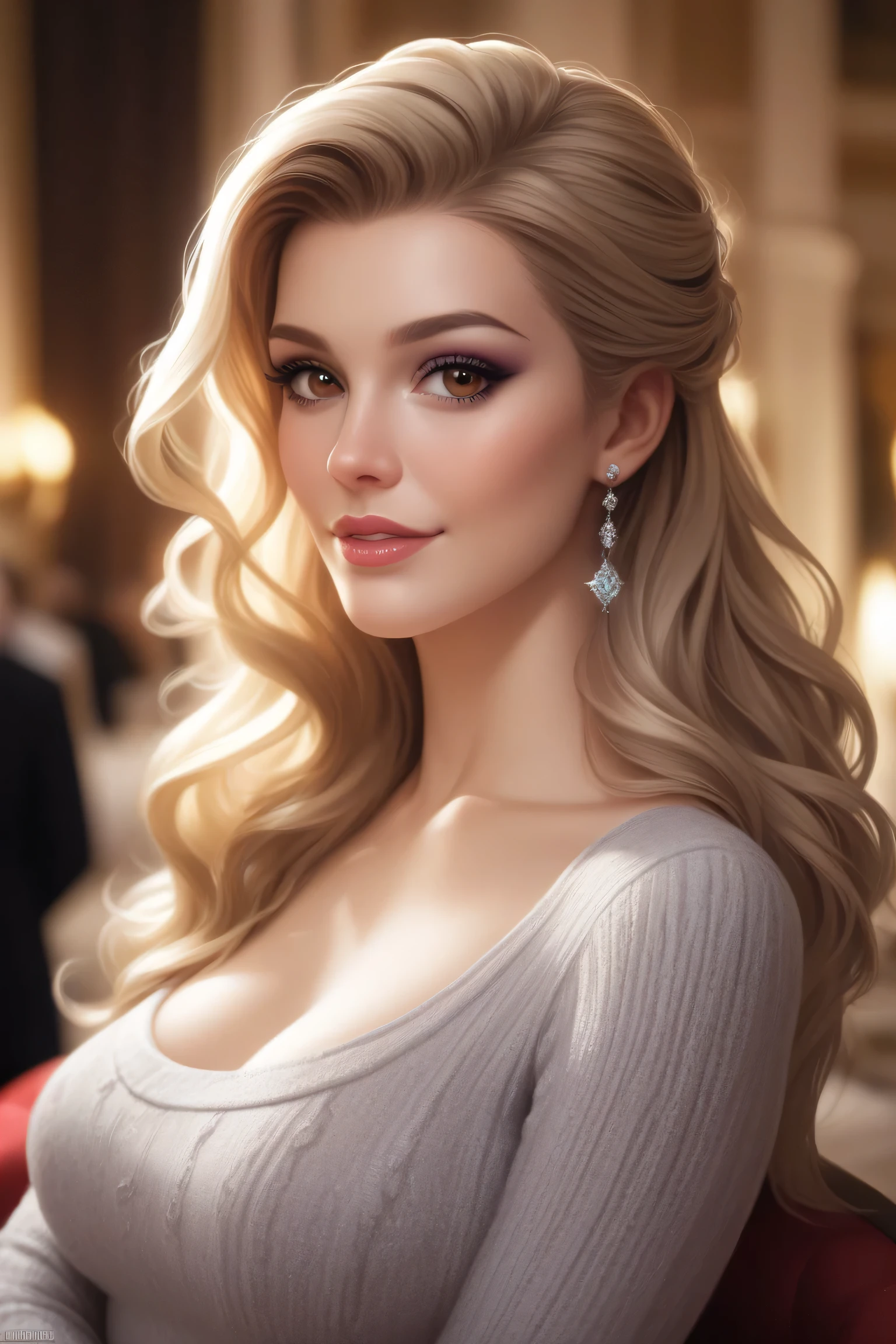 Semi realistic picture of a girl, 20 years old.Has long blonde hair. Has reddish brown eyes.looks charming and cute.Has a cruel and dominant aura and is responsible.Has a vibe like the manhwa character Roxana Agriche.Calm, Manipulator and a deep thinker.Looks innocent and cute on the outside but cruel and firm on the inside.Have a sturdy, healthy and fit body shape.Has an aura serenity that looks elegant.Has a villain vibe but also beautiful .Has a dominant aura, beautiful and seductive.Has a firm and fierce aura.natural makeup.wearing a gray sweater.

Posing casually but looking elegant.
